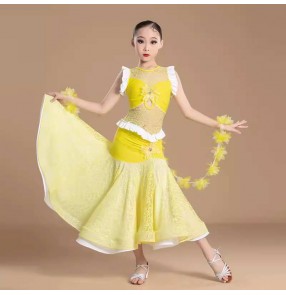 Girls yellow lace ballroom dance dresses for kids children waltz tango ballroom dance long skirts party performance wear for girls
